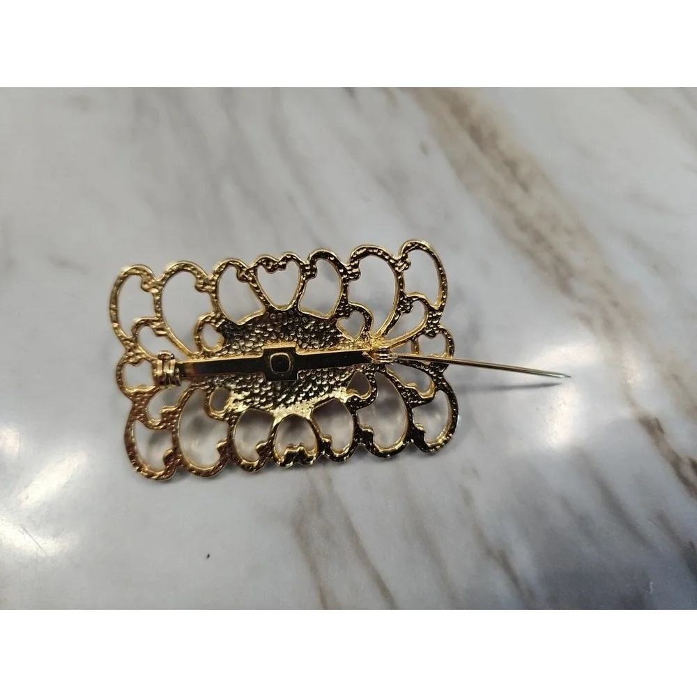Vintage Cabochon Pin Brooch Red Jelly Gold‎ Tone Rectangle Oval 1980s